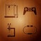 Set Smartwatch, 3D printer, Microscope and Gamepad on wooden background. Vector
