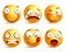 Set of smiley face icons or yellow emoticons with different facial expressions