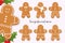 Set of smiling gingerbread man. Holiday sweet cookie isolated on light background. Symbol of Merry Christmas and Happy New Year.