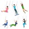 Set of smiling people swinging on rope swings. Summer vacation and holidays vector concept.