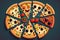 Set of smiling pizza slices with different toppings. Cartoon illustration. Generative ai