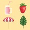 set of smoothie bbeverage with strawberry fruit and umbrella with leaf