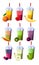 Set of smoothies in different cups. Superfoods and health or detox diet food concept in sketch style.