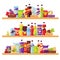 Set of snacks, fast food and drinks products on the shelves. Beverage bottles, sandwich in pack, soda and juice for