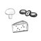 Set of snacks, vector illustration, mushroom, olives and cheese, hand drawing