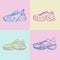 Set of sneakers vector Icon. Bright Neon Linear shoes on pink blue and yellow Background.Simple illustration