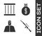 Set Sniper rifle with scope, Prison window, Anonymous with question mark and Money bag icon