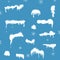 Set of Snow elements, Snow caps, snowballs and snowdrifts with falling snowflakes isolated on blue background for design and decor