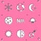 Set Snowflake, Earth globe, Moon and stars, Not applicable, Sunset, and Eclipse of the sun icon. Vector