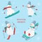 Set of snowmen on a blue background with snowflakes. Winter sports. Snowboarding, skating, skiing and sledging snowman.