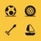 Set Soccer football ball, Yacht sailboat, Medieval arrows and Car wheel icon with long shadow. Vector