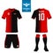 Set of soccer kit or football jersey template for football club. Flat football logo on blue label. Front and back view soccer unif