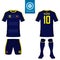 Set of soccer kit or football jersey template for football club. Flat football logo on blue label. Front and back view soccer unif