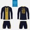 Set of soccer kit or football jersey template for football club. Front and back view soccer uniform. Long sleeve football shirt.