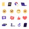 Set of Social Media Icons Emoji Smiles Expressing Good Emotion, Treadmill, Laptop. Thumb Up, Red Heart and Speech Bubble