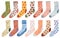 Set of socks on a white background cute postcard. Pattern drawn with pencils by hand. Winter and autumn print