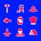 Set Soda can, Cook, Wooden logs, Chef hat, Kitchen apron, Fish, Campfire and hammer icon. Vector