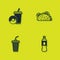 Set Soda drink with donut, Bottle of water, Glass and Taco tortilla icon. Vector