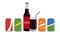 Set of soft drinks in aluminum cans and glass bottle with soda. Carbonated non-alcoholic water with different soda flavors. Hand