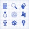 Set Solar system, Virus, Light bulb with lightning, Test tube and flask, Radioactive location, Head radiation symbol and