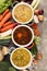 Set of soups from worldwide cuisines, healthy food. Broth with noodles, beef soup and broth with marrow dumplings. All soups with