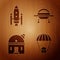 Set Space capsule and parachute, Space shuttle and rockets, Astronomical observatory and UFO flying spaceship on wooden