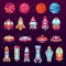 Set of space colorful cartoon icons. Planets, rockets, ufo, flying saucers.