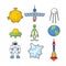 Set Space icons. Spacecraft and rocket UFO. Satellite and Earth,