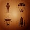 Set Space shuttle and rockets, Alien, UFO abducts cow and Space capsule and parachute on wooden background. Vector