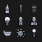 Set Space shuttle and rockets, Bacteria, Magnifying glass, Scientist, Mortar pestle, Light bulb with concept of idea