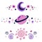 Set of spacers with stars, sun, crescent and planet. Vector space design elements. Hand drawn flat baby cosmos text delimiters