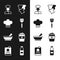 Set Spatula, Chef hat, Cook, Bread toast, Mortar and pestle, Coffee cup go, Bottle with milk and Cookbook icon. Vector