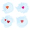 Set of speak and think clouds with red hearts. Cartoon love dialog bubbles. Flat vector Valentines Day design elements,