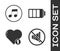 Set Speaker mute, Music note, tone, Like and heart and Battery charge level indicator icon. Vector