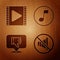 Set Speaker mute, Play Video, Dislike in speech bubble and Music note, tone on wooden background. Vector