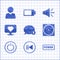 Set Speech bubble chat, Rewind, Power button, Vinyl disk, Like and heart, Speaker volume and Add friend icon. Vector