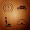Set Speedometer, Brake system warning, Car seat and Car on wooden background. Vector