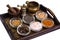 Set of spices and seeds of legumes in glass molds on tray