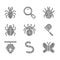 Set Spider, Worm, Butterfly, net, Hive for bees, Mite, and Beetle deer icon. Vector