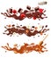 Set of splash of chocolate with whole and sliced cherry, raspberry, almond, nuts and caramel on transparent background. Vector