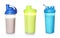 Set of sport bottles with delicious protein shakes on white