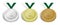 Set of sport medals with emblem of billiard cues and pool ball set with laurel wreath for competition. Gold, silver and bronze