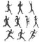 Set of sport movements people silhouette. Active fitness, run, exercise and athletic man and woman variety size. Flat