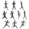 Set of sport movements people silhouette. Active fitness, run, exercise and athletic man and woman variety size. Vector