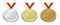 Set of sport tennis medals with emblem of crossed sports tennis rockets and ball for tennis with laurel wreath. Gold, silver and