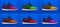 Set of sport unisex shoes in different colours on blue background.