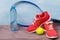 Set of sporting things and water, for playing tennis