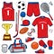 A set of sports clothes and items for different sports. T-shirt, shorts, sneakers, bag, football and basketballs, volan, tennis ra