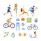 Set of sports items. Happy people in sport clothes doing workout, yoga, and stretching.