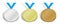 Set of sports medals. Templates, layouts for sports design decoration. Gold, silver and bronze award with blue ribbon. 3d vector